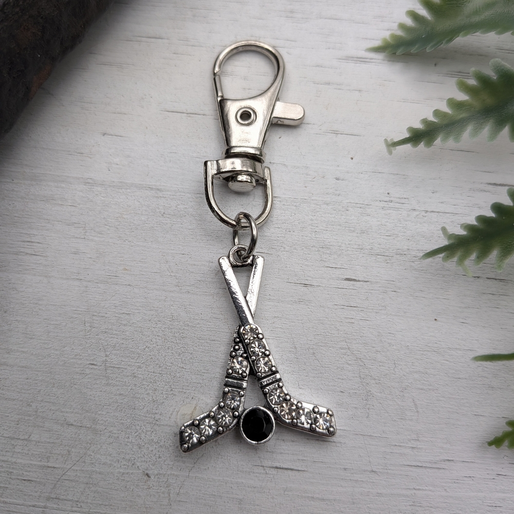Crystal Hockey Stick Keychain with Black Accent / Bag Charm